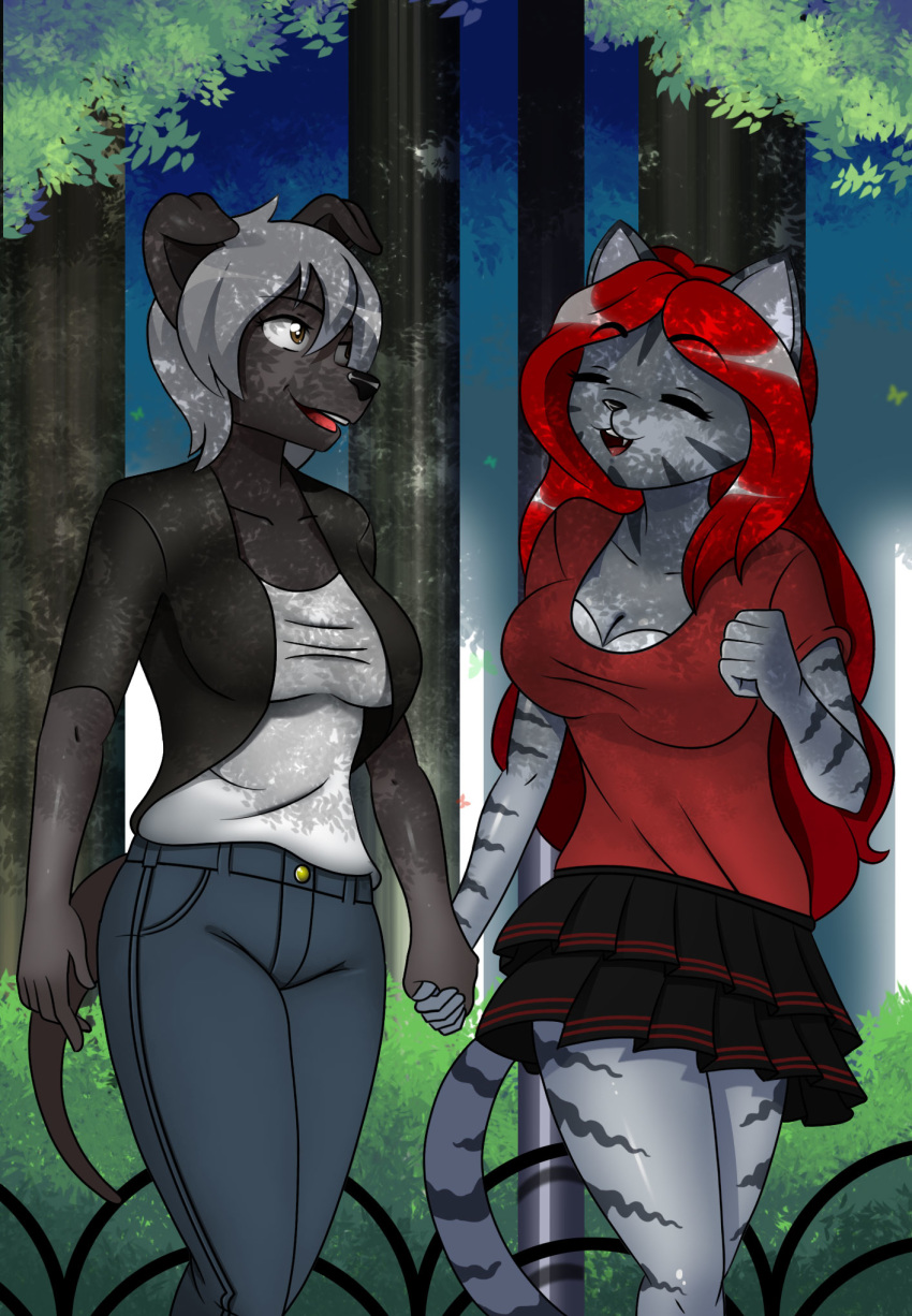 2019 5_fingers anthro black_nose bottomwear breasts canid canine canis chacrawarrior cleavage clothed clothing collarbone domestic_cat domestic_dog duo eyebrows eyelashes eyes_closed felid feline felis female female/female fully_clothed fur grey_fur grey_hair grey_stripes greyhound hair hand_holding hi_res hunting_dog jacket jessica_becker long_hair mammal open_mouth open_smile outside pants phoenix_rose red_hair short_hair sighthound skirt smile striped_fur striped_tail stripes teeth topwear tree