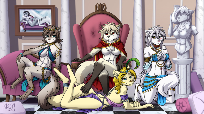 16:9 2019 abs adira_(twokinds) anthro bedroom_eyes blush bracelet breasts canid canine canis cape chain chair chest_tuft cleavage clothed clothing clovis_(twokinds) collar crossed_legs crown digitigrade divan featureless_breasts felid feline female fox fur gloves_(marking) group half-closed_eyes harem harem_outfit heresy_(artist) hi_res hybrid inside jewelry kathrin_vaughan keidran kneeling legs_up lilith_(twokinds) loincloth looking_at_viewer lounging lying mammal markings midriff mostly_nude naked_cape navel necklace on_front painting raine_silverlock sculpture seductive sitting skimpy smile socks_(marking) sofa spots spotted_fur statue throne tiara tuft twokinds webcomic wolf