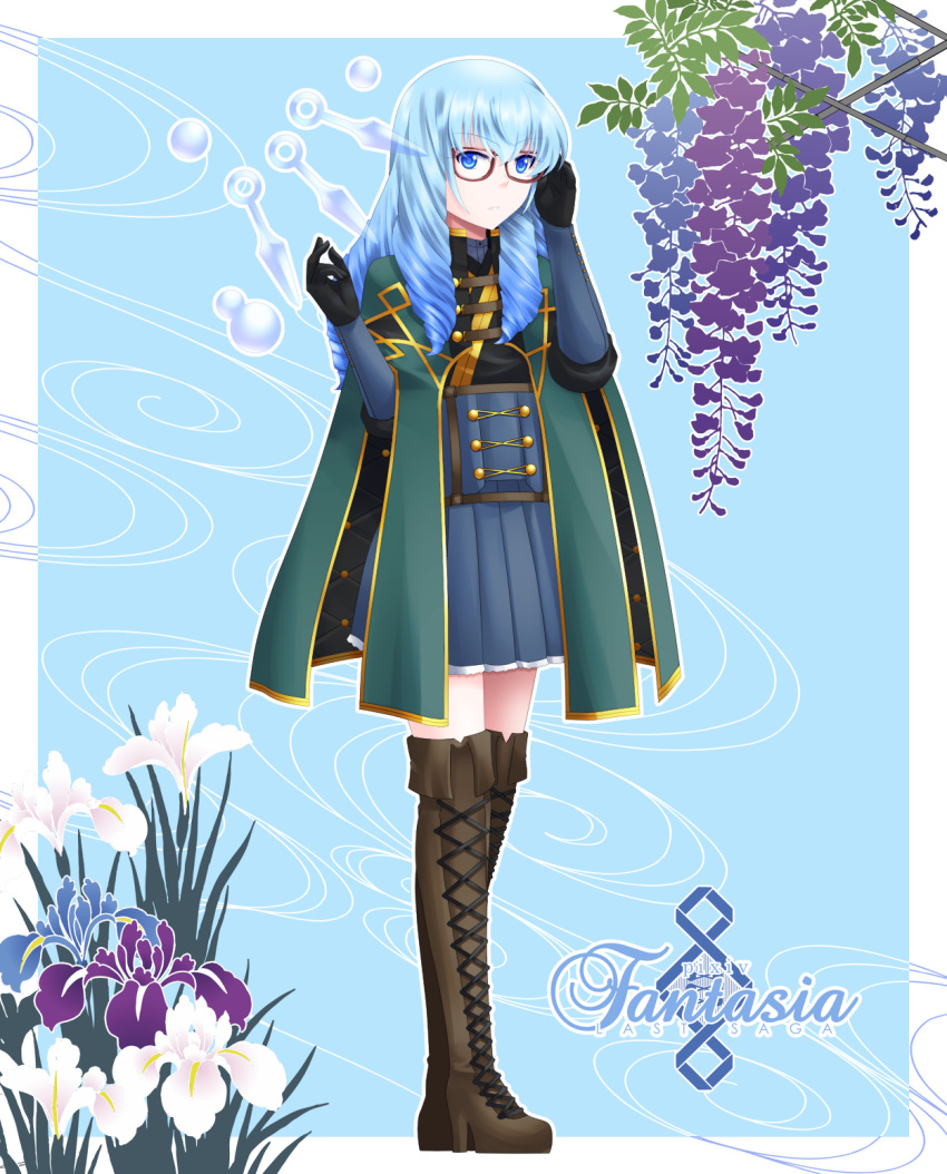 1girl black_gloves blue_background blue_eyes blue_hair boots brown_footwear copyright_name cross-laced_footwear ditb flower full_body glasses gloves grey_skirt hand_up highres kunai lily_(flower) long_hair looking_at_viewer pixiv_fantasia pixiv_fantasia_last_saga red-framed_eyewear robe simple_background skirt solo standing thigh_boots thighhighs weapon