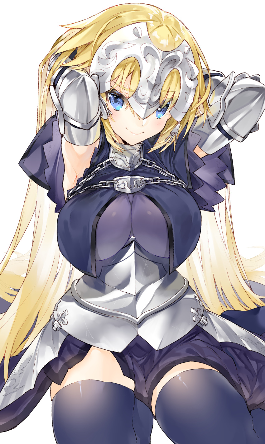 1girl absurdres armor armored_dress armpits arms_behind_head blonde_hair blue_eyes breasts capelet chains commentary_request dress eyebrows_visible_through_hair fate/apocrypha fate/grand_order fate_(series) faulds fur_trim gauntlets hair_between_eyes hair_down hair_lift has_bad_revision has_downscaled_revision headpiece highres impossible_clothes jeanne_d'arc_(fate) jeanne_d'arc_(fate)_(all) kou_mashiro large_breasts long_hair looking_at_viewer plackart purple_dress purple_legwear short_sleeves sitting smile solo thighhighs thighs very_long_hair white_background