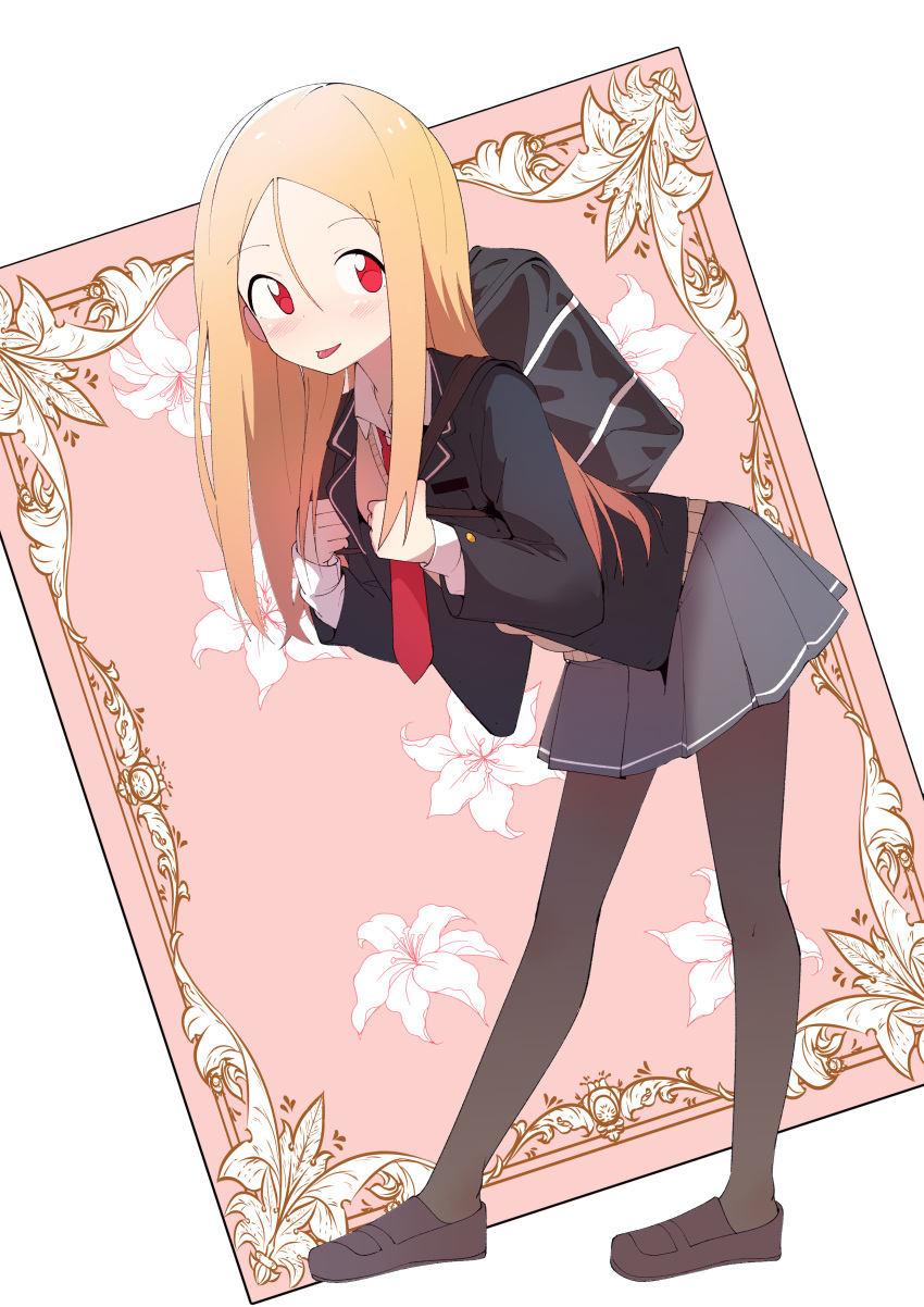 1girl absurdres backpack bag black_legwear blazer blonde_hair blush bural_chingu full_body hair_between_eyes highres jacket lee_ji-min loafers long_hair looking_at_viewer necktie pantyhose pleated_skirt red_eyes school_uniform shoes skirt smile solo vest wweed