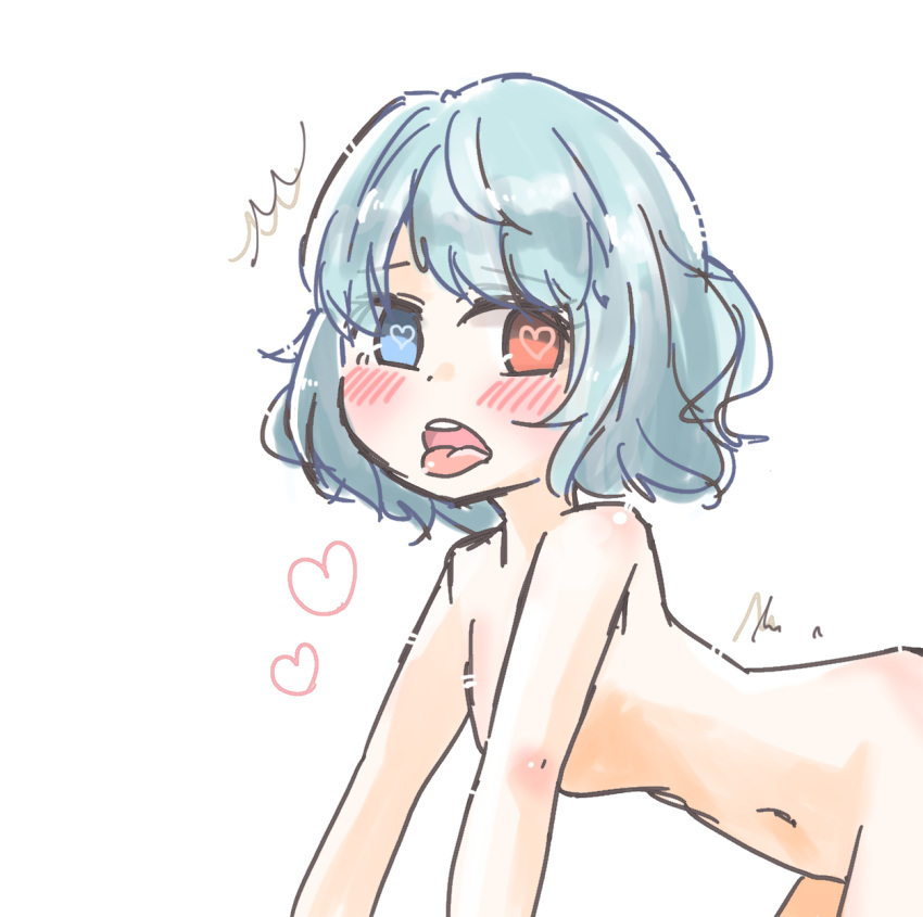 1girl all_fours blue_eyes blue_hair blush commentary_request convenient_arm heart heart_eyes heterochromia highres implied_sex messy_hair nude open_mouth red_eyes salt_(seasoning) short_hair tatara_kogasa tongue tongue_out torogao touhou