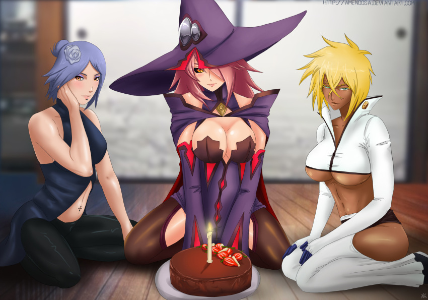 3girls abs amenoosa arrancar bare_shoulders birthday_cake black_gloves black_sclera blazblue blazblue:_central_fiction bleach blonde_hair blue_hair breasts cake cape cleavage commission crossover dark_skin espada facial_mark flower food gloves green_eyes hair_flower hair_ornament hair_over_one_eye hat highres konan konoe_a_mercury large_breasts lip_piercing long_hair looking_at_viewer multiple_girls naruto naruto_(series) naruto_shippuuden navel orange_eyes piercing pink_hair revealing_clothes short_hair sitting smile tagme thighhighs tier_harribel underboob witch_hat