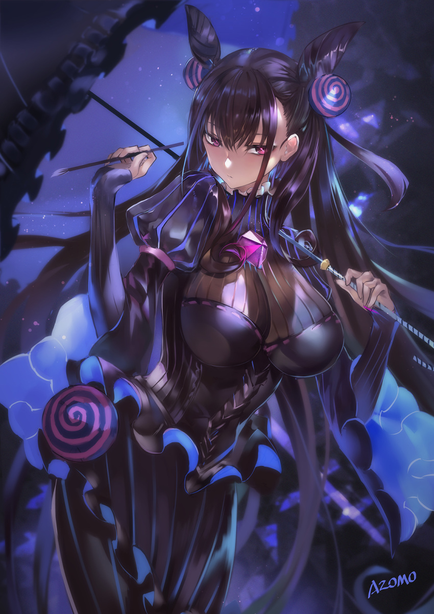 1girl artist_name azomo bangs black_dress breasts brown_hair calligraphy_brush closed_mouth double_bun dress fate/grand_order fate_(series) frills hair_between_eyes hair_ornament highres large_breasts long_hair long_sleeves looking_at_viewer murasaki_shikibu_(fate) paintbrush puffy_sleeves purple_eyes ribbed_dress solo umbrella very_long_hair