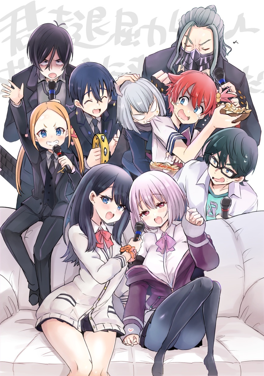 2girls 6+boys :d absurdres anti_(ssss.gridman) biting biting_clothes black-framed_eyewear black_hair black_neckwear black_skirt black_vest blonde_hair blue_bow blue_eyes blue_hair blush borr bow clenched_hand couch covered_mouth crossdressing facial_hair food glasses grey_hair grin hair_bobbles hair_ornament hand_holding hand_on_another's_head hand_up hibiki_yuuta highres instrument jacket kamiya_zuzu karaoke lavender_hair long_hair long_sleeves microphone multiple_boys multiple_girls necktie no_pupils off_shoulder open_mouth pantyhose ponytail purple_bow purple_jacket red_bow red_hair samurai_calibur school_uniform sheath sheathed shinjou_akane shirt short_hair short_sleeves sidelocks sitting skirt smile ssss.gridman stubble sword t-shirt takarada_rikka tambourine twintails utsumi_shou vest weapon white_background