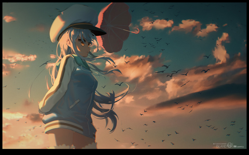1girl absurdres artist_name bird blue_jacket blue_sky brown_eyes closed_mouth cloud copyright_name flock hat highres hood huge_filesize island_(game) jacket long_hair long_sleeves looking_to_the_side ohara_rinne red_umbrella shippitsu sky solo standing twilight umbrella very_long_hair watermark white_hat white_legwear