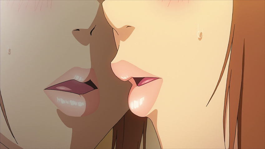1girl animated animated_gif blush breath brown_hair genderswap heavy_breathing highres kiss lips maken-ki! maken-ki!_two mirror ooyama_takeko ooyama_takeru reflection sweat takami_akio xebec