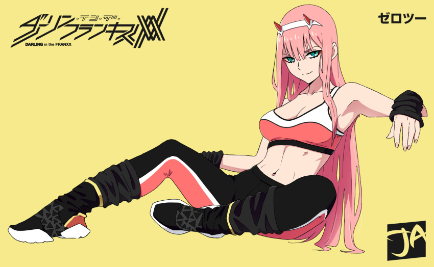 breasts cleavage darling_in_the_franxx gloves green_eyes horns j_adsen logo long_hair navel pink_hair watermark yellow zero_two