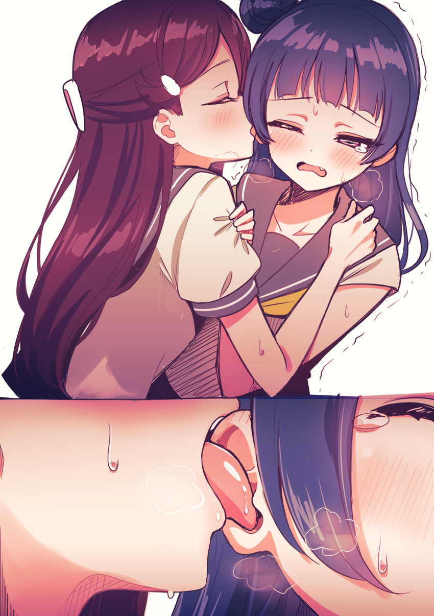 2girls absurdres black_sailor_collar blue_hair blush brown_hair collarbone deadnooodles ear_blush ear_licking eyes_closed hair_bun hair_ornament hairclip half-closed_eye heavy_breathing highres licking long_hair love_live! love_live!_sunshine!! multiple_girls nose_blush one_eye_closed profile purple_eyes sailor_collar sakurauchi_riko school_uniform serafuku shirt short_sleeves side_bun simple_background sweat tears trembling tsushima_yoshiko very_long_hair white_background white_shirt yellow_neckwear yuri