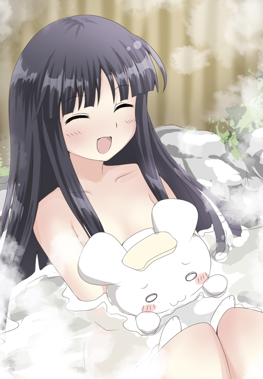 1girl :3 ^_^ bangs black_hair blush blush_stickers bunny closed_eyes collarbone commentary_request eyebrows_visible_through_hair eyes_closed highres houraisan_kaguya inaba knees_up long_hair nude onsen open_mouth partially_submerged rock sidelocks sitting smile solo steam touhou towel towel_on_head usagi_koushaku water wide_oval_eyes