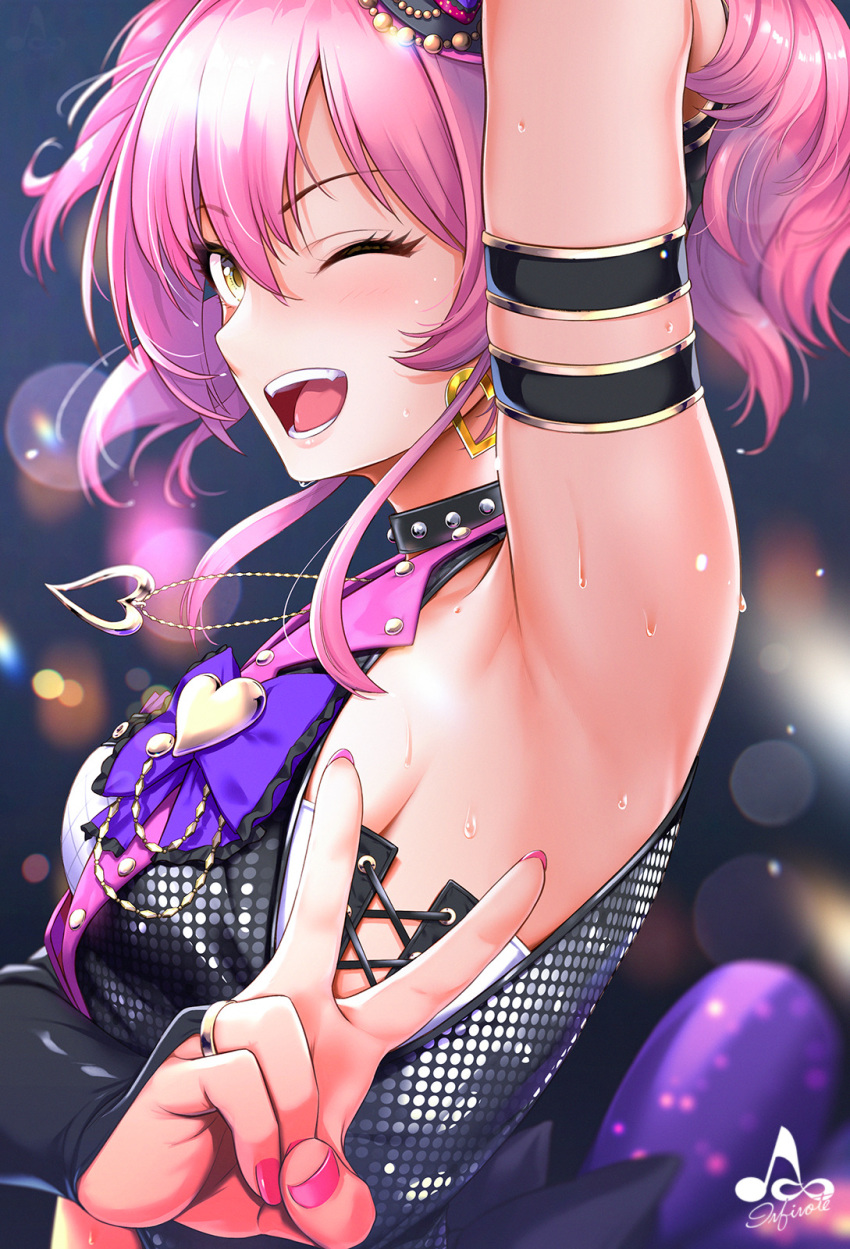 1girl ;d arm_up armlet armpits artist_name bandeau bangs bare_shoulders black_gloves blurry blurry_background blush bokeh breasts bridal_gauntlets brooch chains choker collarbone depth_of_field earrings eyebrows_visible_through_hair eyelashes gloves hair_between_eyes hand_gesture heart heart_earrings heart_necklace highres idolmaster idolmaster_cinderella_girls infinote jacket jewelry jougasaki_mika long_hair looking_at_viewer medium_breasts nail_polish necklace one_eye_closed open_clothes open_jacket open_mouth pink_hair pink_nails ponytail ring sequins sideboob sidelocks signature sleeveless_jacket smile solo sweat twintails upper_body v yellow_eyes