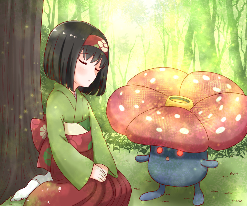 1girl bangs black_hair blush creatures_(company) erika_(pokemon) eyebrows_visible_through_hair eyes_closed female game_freak gen_1_pokemon gym_leader hairband hakama hands_on_lap hands_together headband japanese_clothes kimono nintendo noto-kanna outdoors pokemon pokemon_(creature) pokemon_(game) pokemon_lgpe seiza short_hair sitting sleeping tree vileplume