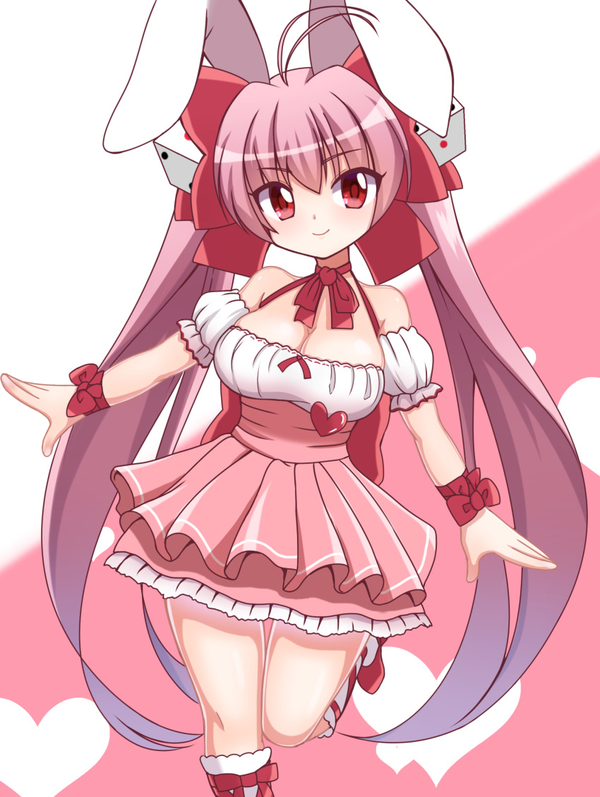 1girl alice360 animal_ears antenna_hair bangs bare_shoulders breasts bunny_ears cleavage closed_mouth detached_sleeves di_gi_charat dice_hair_ornament eyebrows_visible_through_hair gradient_hair hair_ornament hair_ribbon heart heart_background highres large_breasts leg_up legs_together long_hair looking_at_viewer multicolored_hair neck_ribbon pink_background pink_footwear pink_hair pink_skirt pleated_skirt puffy_short_sleeves puffy_sleeves purple_hair red_eyes red_ribbon ribbon shiny shiny_hair short_sleeves sidelocks skirt smile socks solo standing standing_on_one_leg tareme thigh_gap thighs two-tone_background underbust usada_hikaru very_long_hair white_background white_legwear white_skirt wrist_ribbon