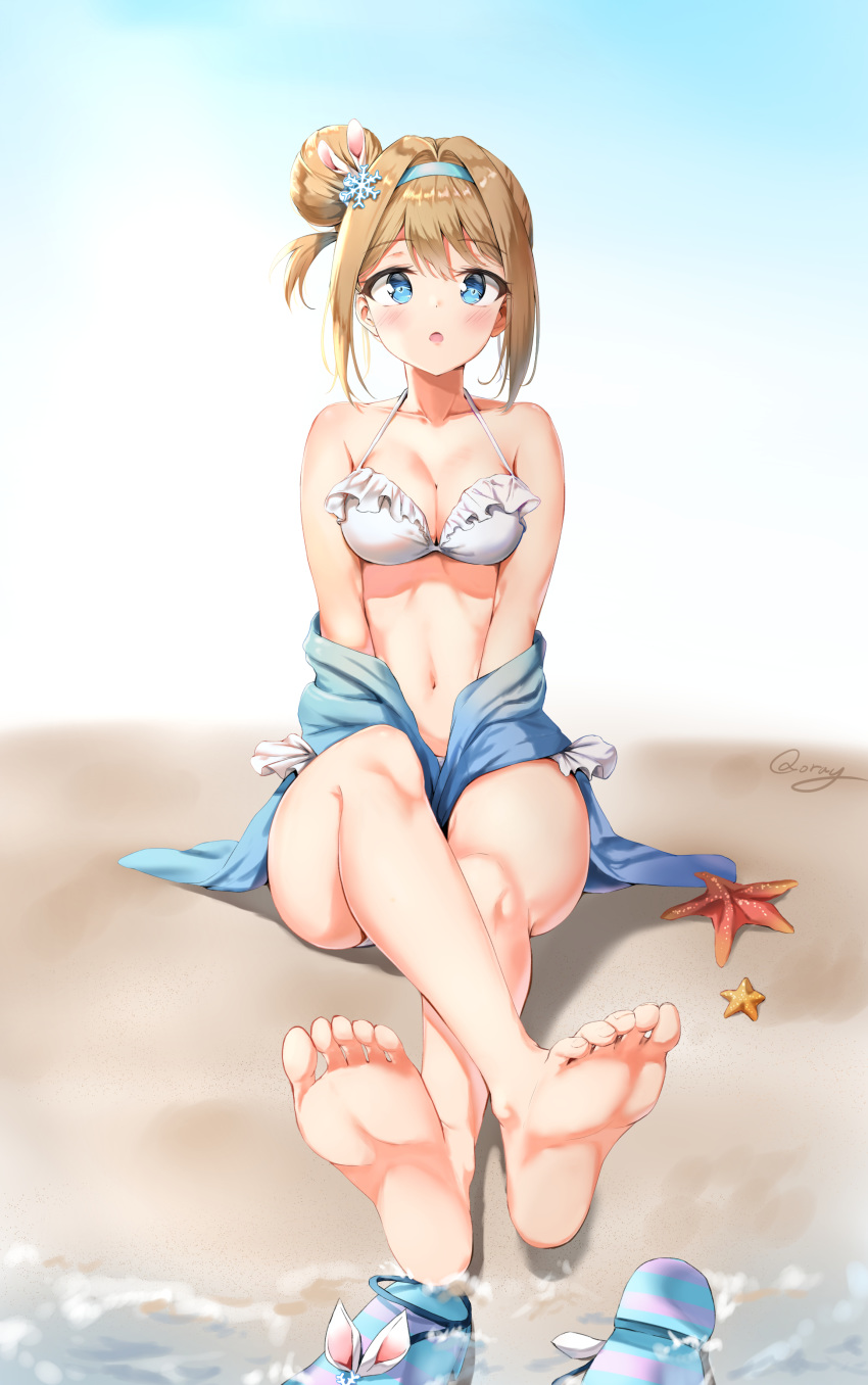 1girl absurdres barefoot beach bikini blonde_hair blue_eyes blush breasts cleavage commentary eyebrows_visible_through_hair feet frilled_bikini frills girls_frontline hair_ornament highres jacket legs_crossed looking_at_viewer medium_breasts navel open_mouth pov_feet qoray7 sand sandals sitting snowflake_hair_ornament soles starfish suomi_kp31_(girls_frontline) swimsuit toes water