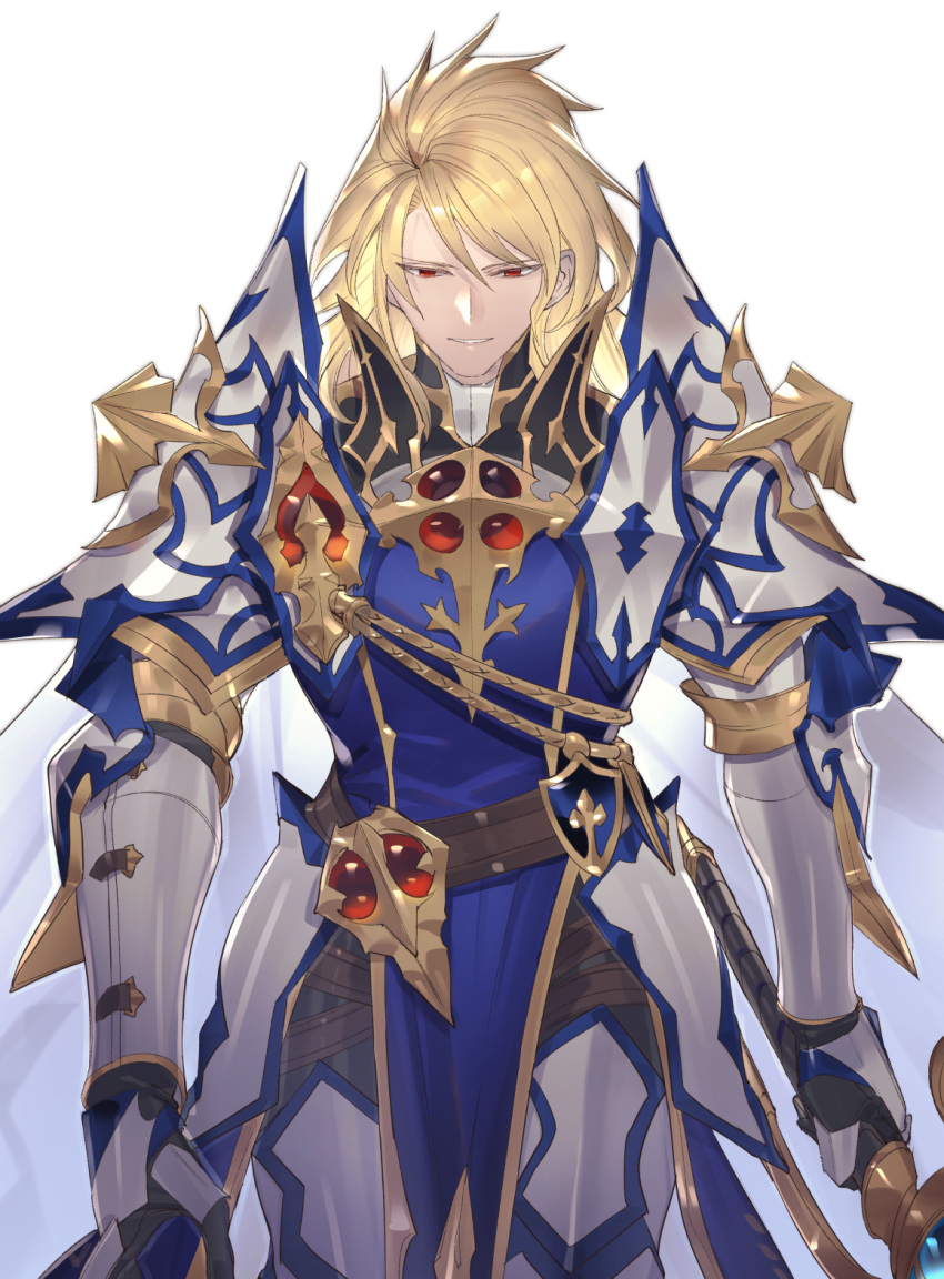 1boy aglovale_(granblue_fantasy) armor belt blonde_hair brown_belt eyebrows_visible_through_hair gauntlets gem granblue_fantasy hair_between_eyes highres holding holding_weapon male_focus medium_hair parted_lips pauldrons red_eyes rokuji simple_background smile solo standing thigh_strap turtleneck vambraces weapon white_background
