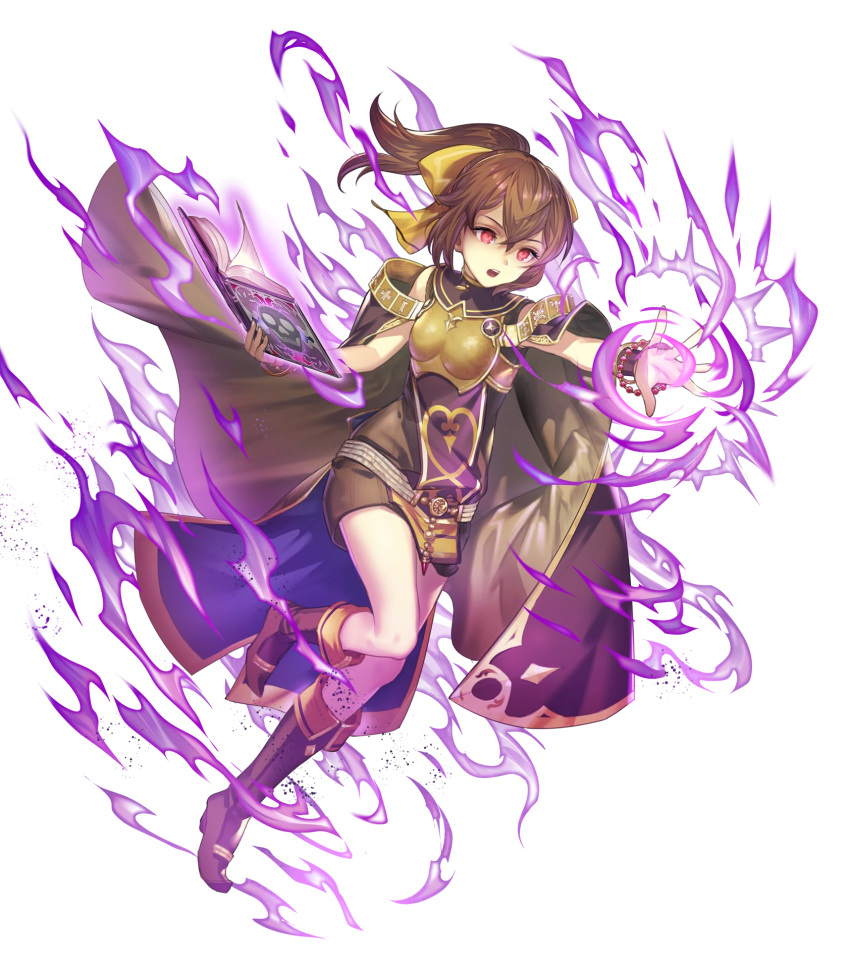 1girl armor book boots bow bowtie bracelet brown_hair cape dress dyute_(fire_emblem) fire_emblem fire_emblem_echoes:_mou_hitori_no_eiyuuou fire_emblem_heroes full_body highres jewelry long_hair mind_control nintendo official_art red_eyes short_dress solo transparent_background