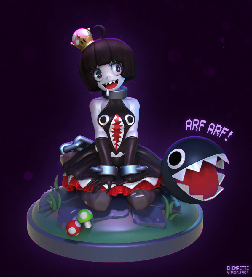 3d bangs bare_shoulders black_dress black_gloves black_hair blunt_bangs bob_cut chain_chomp chains cuffs dress elbow_gloves gloves grass hands_on_own_knees highres kneeling looking_to_the_side maddy_paddy mario_(series) mushroom nintendo pale_skin princess_chain_chomp saliva shackles sharp_teeth super_crown teeth