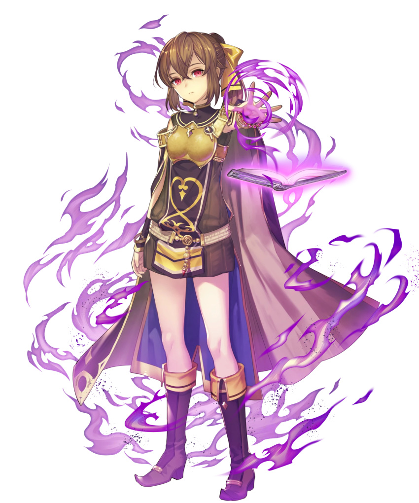 1girl armor book boots bow bowtie bracelet brown_hair cape dress dyute_(fire_emblem) fire_emblem fire_emblem_echoes:_mou_hitori_no_eiyuuou fire_emblem_heroes full_body highres jewelry long_hair mind_control nintendo official_art red_eyes short_dress solo transparent_background