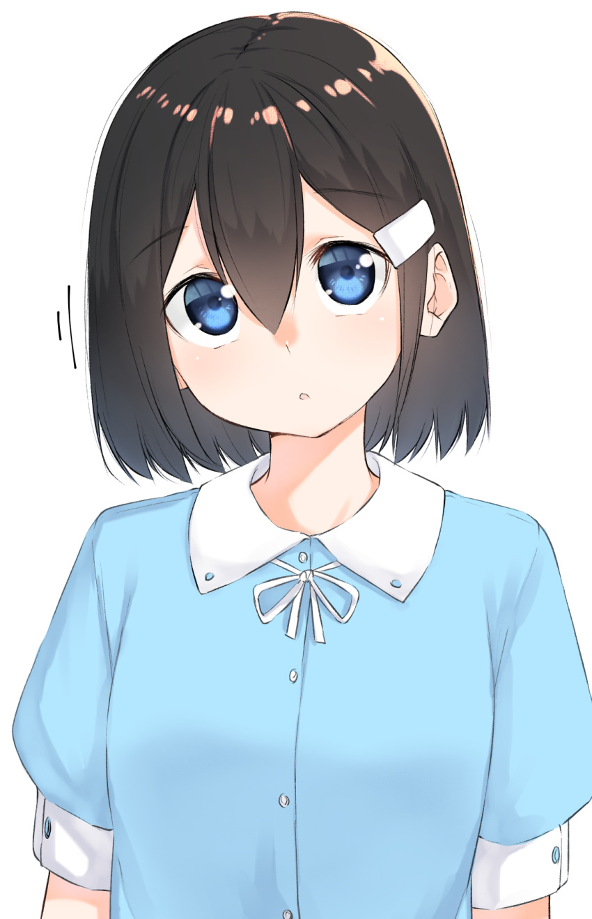 1girl :o bangs black_hair blue_eyes blue_shirt blush collared_shirt commentary_request dress_shirt eyebrows_visible_through_hair hair_between_eyes hair_ornament hairclip head_tilt highres looking_at_viewer neck_ribbon original parted_lips puffy_short_sleeves puffy_sleeves ribbon shirt short_sleeves simple_background solo suzunari_shizuku upper_body white_background white_ribbon yuki_arare