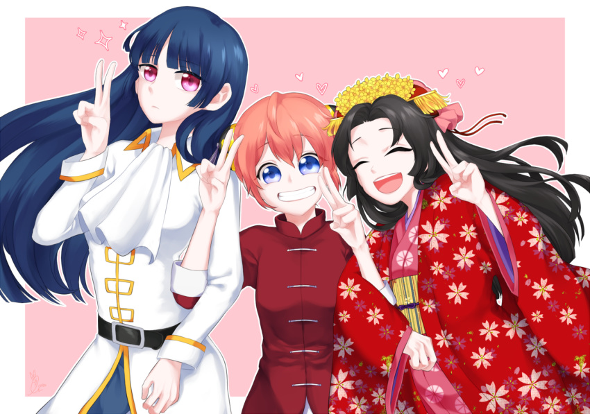 3girls arm_holding bangs belt black_hair blue_eyes blunt_bangs bun_cover chinese_clothes chyoling cravat double_bun double_v eyes_closed gintama grin hair_between_eyes hair_ornament hand_gesture haori hime_cut imai_nobume japanese_clothes kagura_(gintama) kimono long_hair long_sleeves multiple_girls open_mouth orange_hair purple_eyes short_hair simple_background smile tokugawa_soyo uniform v wide_sleeves