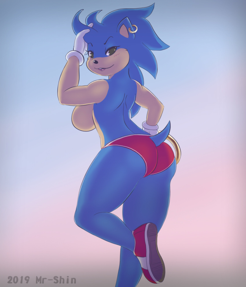 2019 6:7 anthro breasts butt clothing crossgender digital_media_(artwork) ear_piercing eulipotyphlan eyelashes female footwear gloves hedgehog hi_res looking_at_viewer looking_back mammal piercing shinsuke shoes side_boob signature solo sonic_(series) sonic_the_hedgehog underwear