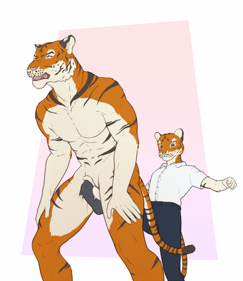 9x9 anthro ballbusting balls clothed clothing cock_and_ball_torture control_bestow_therapy father father_and_son felid flaccid genital_torture hi_res kick male mammal muscular nude pantherine parent penis size_difference son story story_in_description tiger young