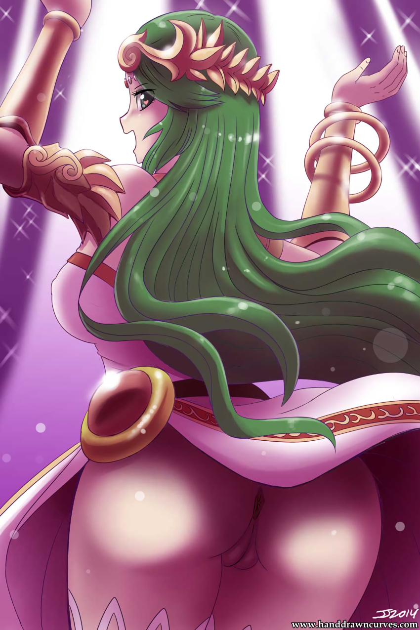 anus artist_name clothed clothing dress dress_lift exposed_ass exposed_butt exposed_pussy eyebrows eyebrows_visible_through_hair eyelashes eyes_visible_through_hair facing_away female female_focus female_only gauntlets goddess going_commando green_eyes green_hair hair hands_up happy headgear heart heart_in_eye highres human john_joseco kid_icarus kid_icarus_uprising light light_particles light_rays long_hair looking_at_viewer looking_back nintendo nipple_bulge nipple_piercing no_panties palutena pussy royalty smile sparkle tiara vagina