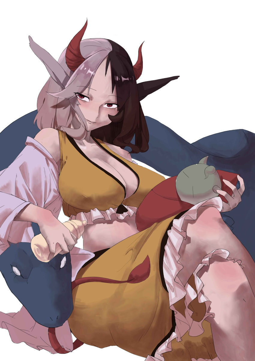 1girl absurdres animal_ears bare_shoulders bottle breasts cleavage closed_mouth commentary commentary_request cow_ears cow_tail crop_top frilled_shirt frilled_shorts frills genshoku_area half-closed_eyes haori highres holding japanese_clothes knees large_breasts legs_crossed lips looking_at_viewer midriff milk_bottle oni_horns plesiosaur prehistoric_animal red_eyes red_horns shirt shorts simple_background sitting smile smirk solo tail touhou ushizaki_urumi white_background wide_sleeves yellow_crop_top yellow_shirt yellow_shorts