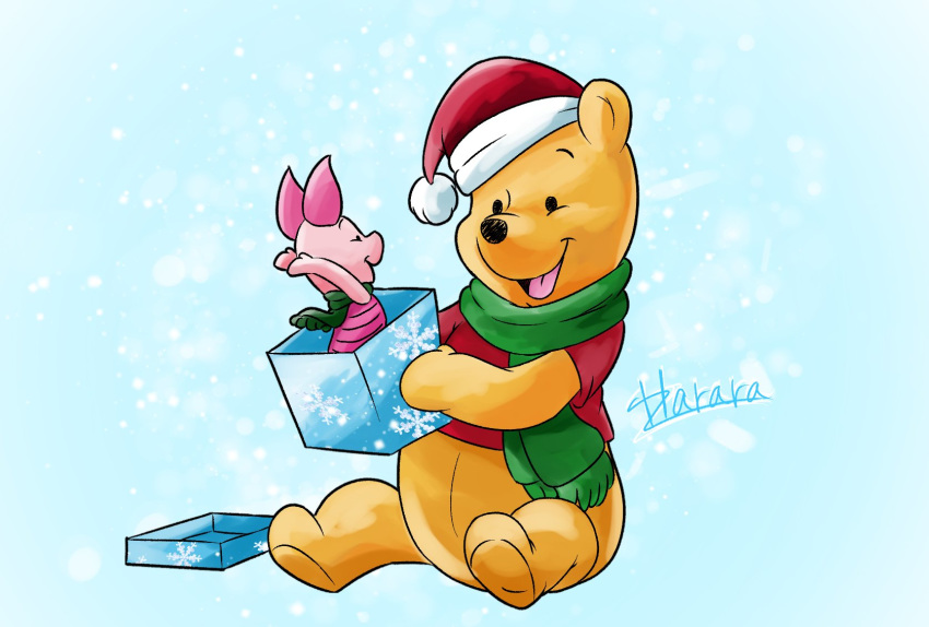 2017 black_eyes black_nose blue_background bottomless christmas clothed clothing disney domestic_pig gift happy harara hat headgear headwear hi_res holidays mammal open_mouth open_smile piglet pink_body pooh_bear raised_arm red_clothing red_shirt red_topwear santa_hat scarf shirt signature simple_background size_difference smile suid suina sus_(pig) topwear ursid winnie_the_pooh_(franchise) yellow_body