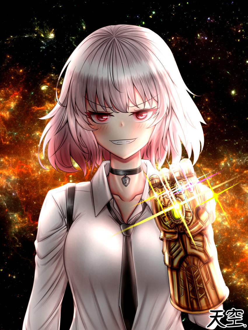 1girl avengers:_endgame choker crossover gentiane_(girls_frontline) girls_frontline highres holster infinity_gauntlet infinity_gems marvel nebula necktie pink_hair red_eyes shirt sky solo space star_(sky) starry_sky tiankong