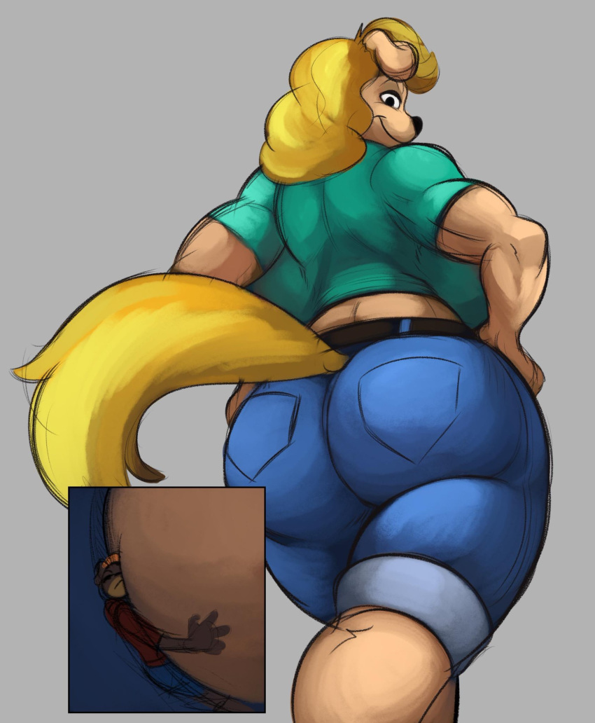 anthro belt big_breasts big_butt blonde_hair breasts butt canid canine canis clothed clothing cosplay digital_media_(artwork) disney domestic_dog facesitting female goof_troop hair hands_on_hips hi_res huge_breasts jeans looking_at_viewer looking_back male mammal micro muscular muscular_female pants rear_view robomax shirt simple_background smile standing thick_thighs topwear