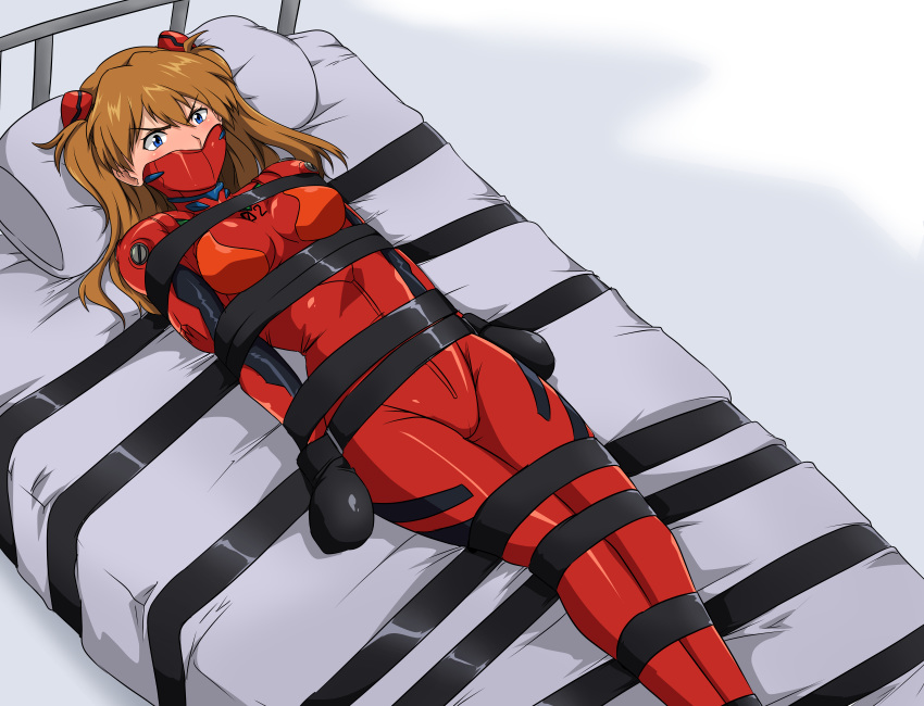 1girl angry bdsm blue_eyes bodysuit bondage bound female gag gagged highres immobilization muzzle_gag neon_genesis_evangelion orange_hair plugsuit red_bodysuit ryner-e soryu_asuka_langley