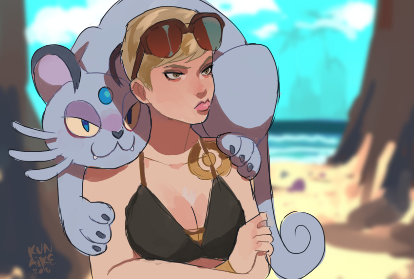 alolan_persian bikini blonde_hair blue_fur breasts brown_eyes carrying cleavage clothed clothing duo eyewear felid feline felis female feral fur hair human kunaike life_is_strange mammal nintendo on_shoulders pok&eacute;mon pok&eacute;mon_(species) regional_variant short_hair sunglasses swimwear victoria_chase video_games