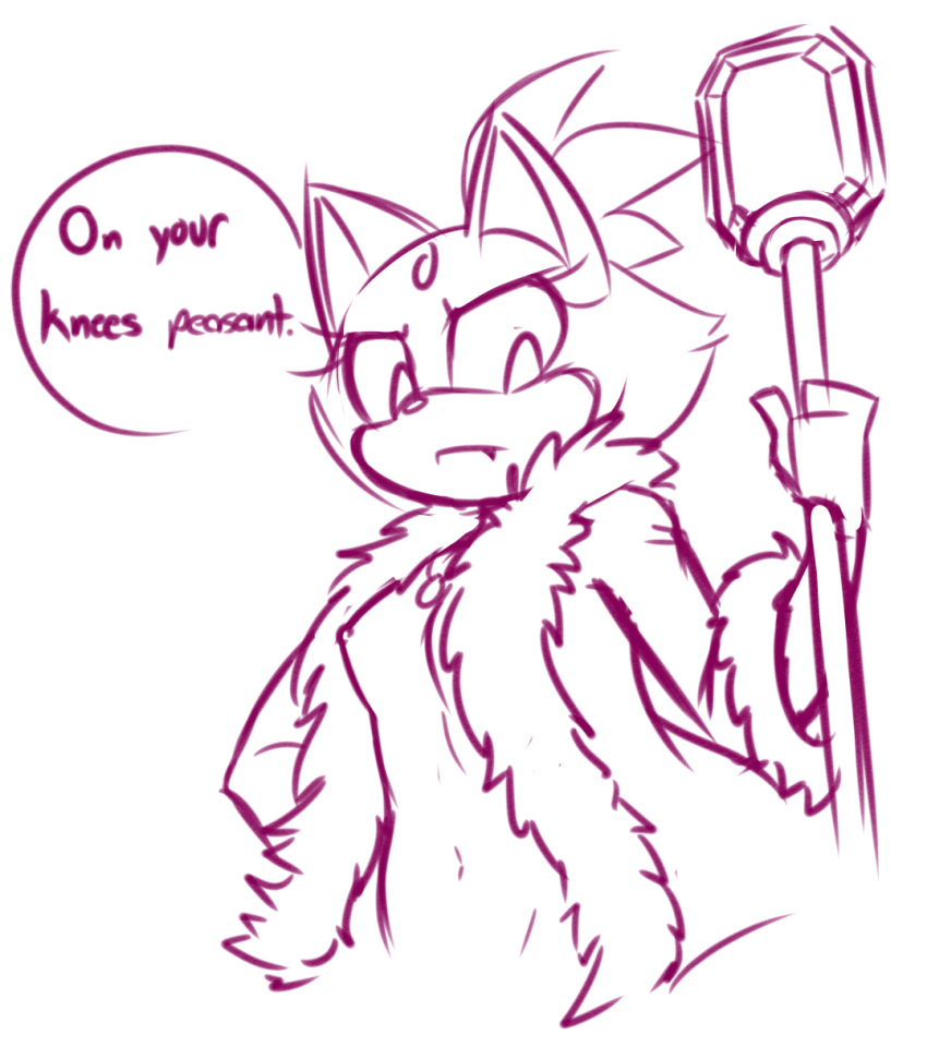 annoyed anthro biffalo blaze_the_cat breasts clothed clothing coat domestic_cat english_text fangs felid feline felis female flat_chested forehead_gem fur gem hair hi_res looking_at_viewer mammal mostly_nude navel nipples scepter sketch solo sonic_(series) speech_bubble text topless upset