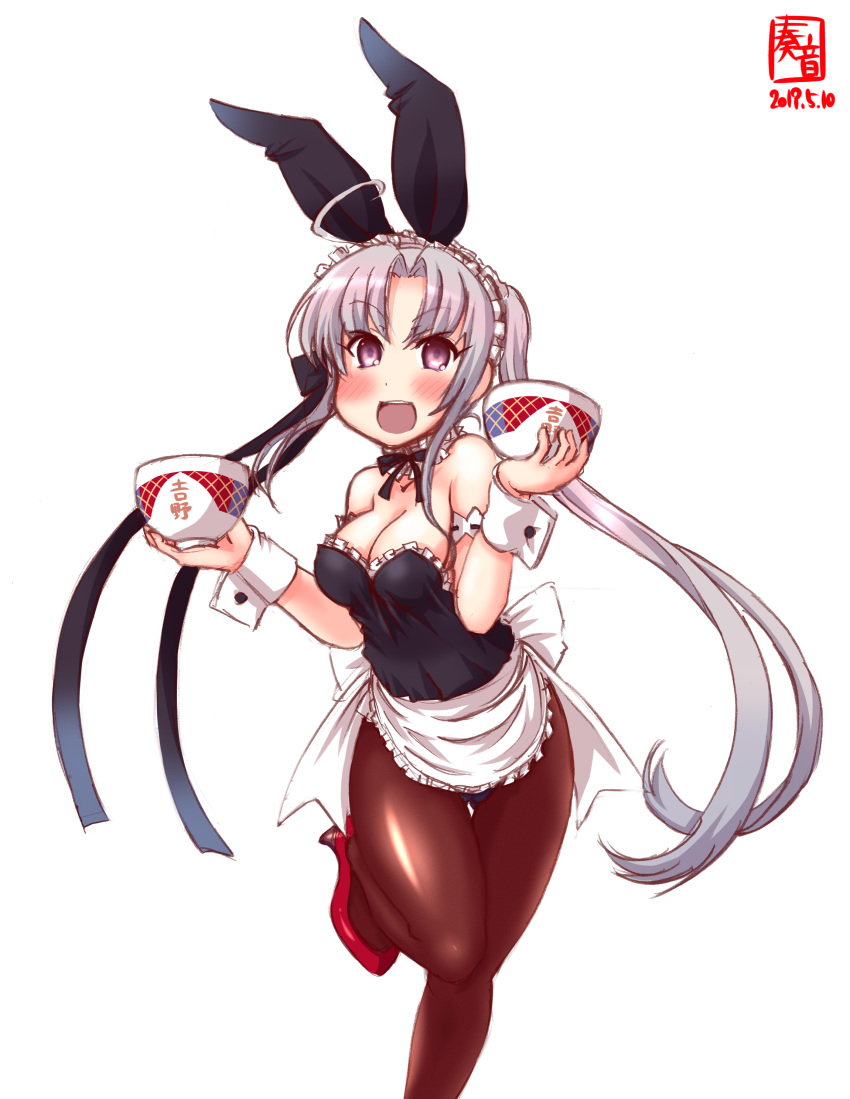 1girl absurdres ahoge akitsushima_(kantai_collection) alternate_costume animal_ears apron artist_logo black_leotard black_ribbon blush bow bowl bowtie breasts brown_legwear bunny_ears bunnysuit cleavage collarbone commentary_request cowboy_shot dated detached_collar eyebrows_visible_through_hair fake_animal_ears frilled_apron frills grey_hair hair_ribbon high_heels highres kanon_(kurogane_knights) kantai_collection leotard long_hair looking_at_viewer maid_headdress medium_breasts neck_ribbon open_mouth pantyhose purple_eyes purple_hair red_footwear ribbon round_teeth sidelocks signature simple_background smile solo standing standing_on_one_leg strapless strapless_leotard tail teeth upper_teeth waist_apron white_apron white_background wrist_cuffs