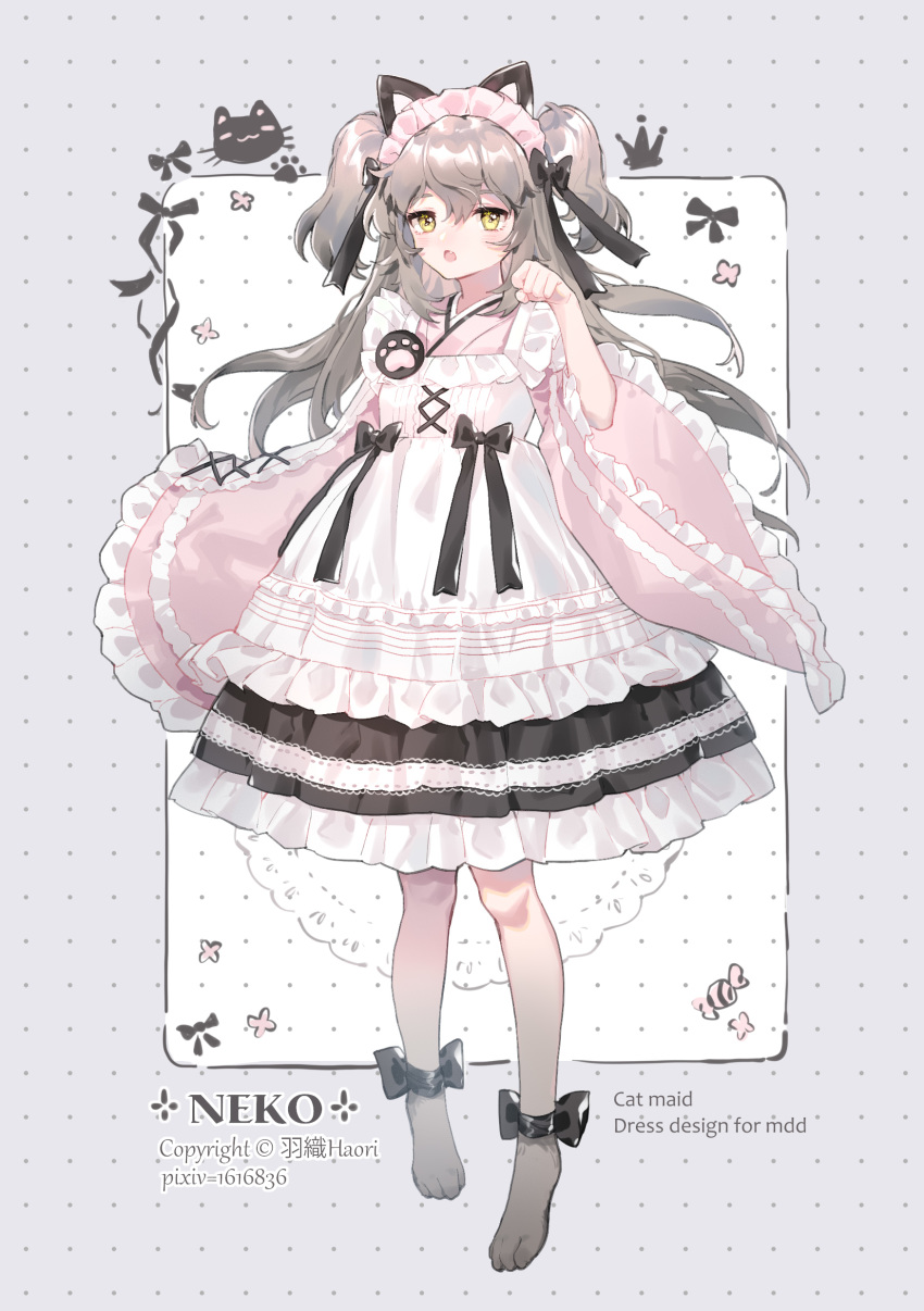 1girl :o absurdres animal_ears ankle_ribbon apron bangs black_bow black_ribbon blush bow candy cat cat_ears clenched_hand cross-laced_clothes crown dress dress_bow fake_animal_ears fang flower food frilled_dress frilled_sleeves frills grey_hair grey_legwear hair_ribbon hand_up highres japanese_clothes kimono lace lace-trimmed_dress lolita_fashion long_sleeves looking_at_viewer maid_headdress original pantyhose paw_pose pink_dress pink_kimono pixiv_username ribbon solo two_side_up wa_lolita wa_maid watermark white_apron wide_sleeves yellow_eyes yuzhi