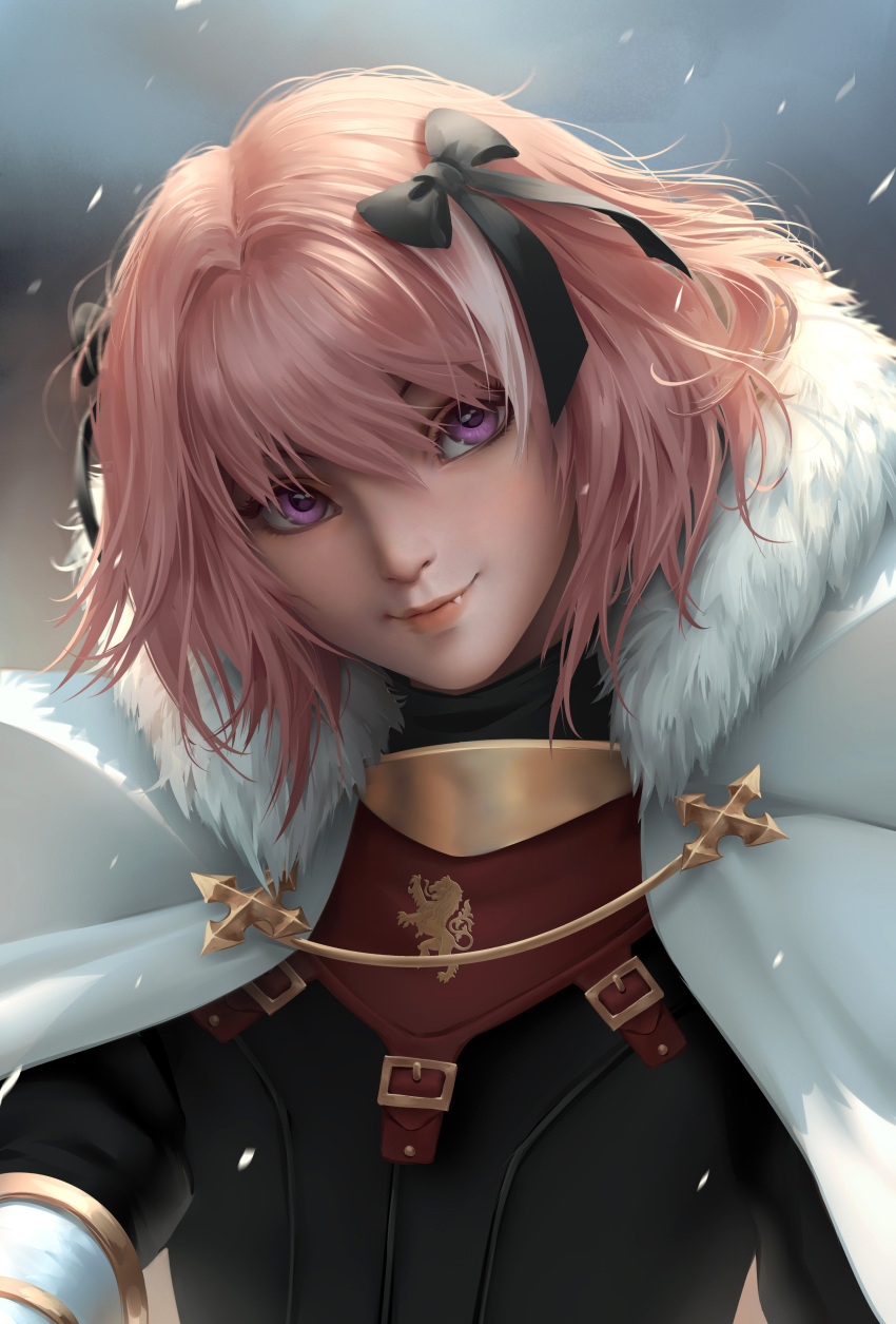 1boy absurdres armor astolfo_(fate) black_bow bow chuby_mi cloak commentary english_commentary fang fang_out fate/grand_order fate_(series) fur-trimmed_cloak fur_trim gorget hair_bow hair_intakes highres lips looking_at_viewer male_focus nose pink_hair portrait purple_eyes short_hair solo white_cloak