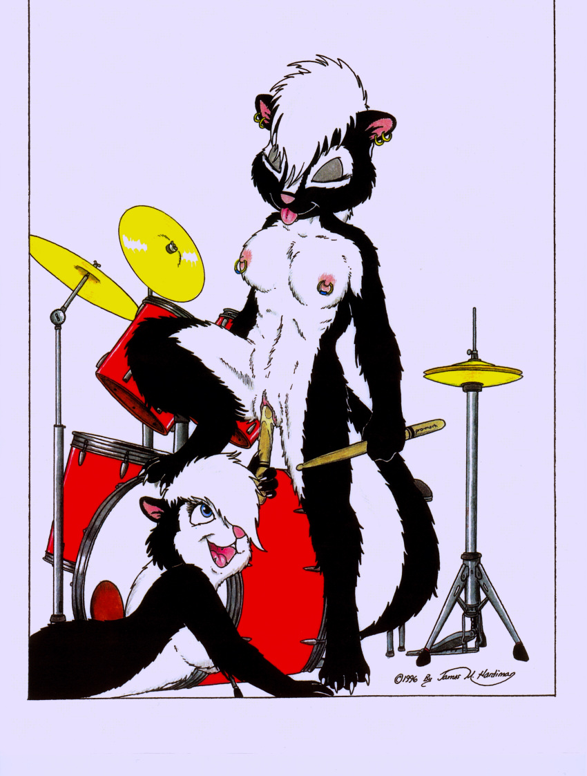 1996 absurd_res anthro breasts dildo drumset duo eyes_closed female female/female hi_res improvised_sex_toy james_m_hardiman male mammal mephitid nicole nipples onyx penetration piercing sex_toy simple_background skunk tongue vaginal