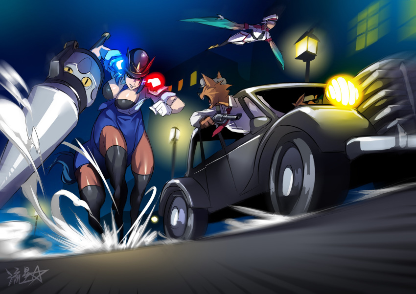 1boy 1girl animal_ears blue_hair car car_chase centaur chasing driving gloves ground_vehicle gun handgun harpy hat highres horse_ears lamppost long_hair monster_girl motor_vehicle multiple_girls night night_sky open_mouth original pointy_ears police police_hat police_uniform policewoman ponytail revolver ryuusei_(mark_ii) sky tail thighhighs uniform weapon