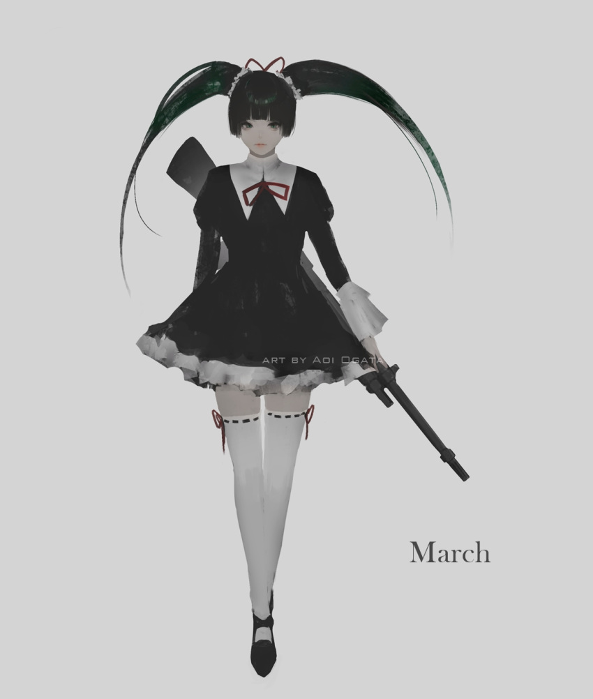 1girl aoi_ogata artist_name bangs black_dress black_eyes black_footwear black_hair character_name commentary coyote_ragtime_show dress english_commentary frilled_dress frills full_body grey_background gun hair_ribbon highres holding holding_gun holding_weapon juliet_sleeves long_sleeves looking_at_viewer march_(coyote_ragtime_show) neck_ribbon puffy_sleeves red_ribbon ribbon ribbon-trimmed_legwear ribbon_trim shoes short_dress simple_background solo standing thighhighs twintails weapon weapon_request white_legwear