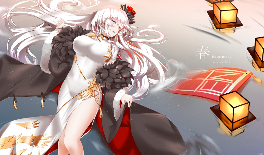 1girl absurdres alternate_costume artist_name azur_lane bangs bare_shoulders blush breasts character_name china_dress chinese_clothes coat dress earrings enterprise_(azur_lane) eyebrows_visible_through_hair feather_trim flight_deck flower fur-trimmed_coat fur_trim gold gold_trim hair_between_eyes hair_flower hair_ornament half-closed_eyes highres hoop_earrings huge_filesize jewelry lantern large_breasts light_particles long_hair looking_away lying lying_on_water on_back open_clothes open_coat open_mouth purple_eyes side_slit sidelocks silver_hair solo thighs very_long_hair white_dress winterfall_(artenh)