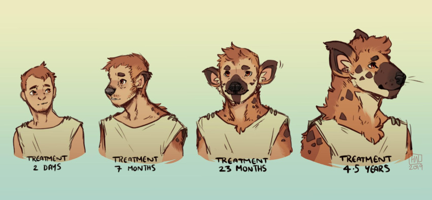 2019 anthro bust_portrait clothing hi_res human human_to_anthro hyaenid invalid_tag lakehounds male mammal pointy_ears portrait reservoirdog_(artist) sequence shirt snout species_transformation spotted_hyena text topwear transformation