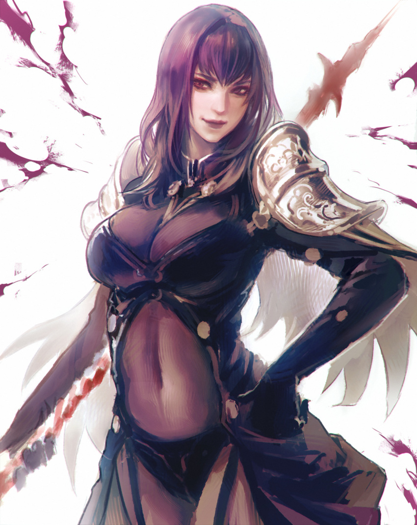 1girl breasts cleavage fate/grand_order fate_(series) hand_on_hip highres kaburagi_yasutaka large_breasts lipstick long_hair makeup navel polearm purple_hair purple_lipstick red_eyes scathach_(fate)_(all) scathach_(fate/grand_order) see-through shoulder_armor smile smirk solo spaulders spear standing weapon white_background