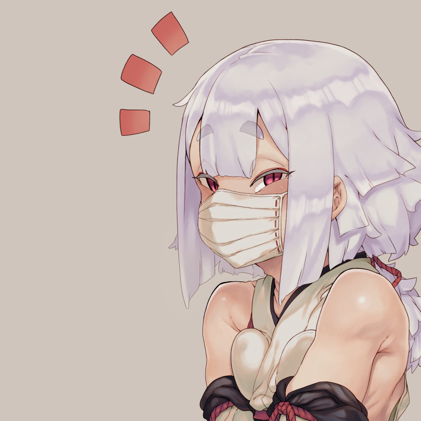 1girl bangs bare_shoulders blush breasts collagen detached_sleeves highres japanese_clothes long_hair looking_at_viewer original red_eyes silver_hair sleeveless solo surgical_mask thick_eyebrows upper_body