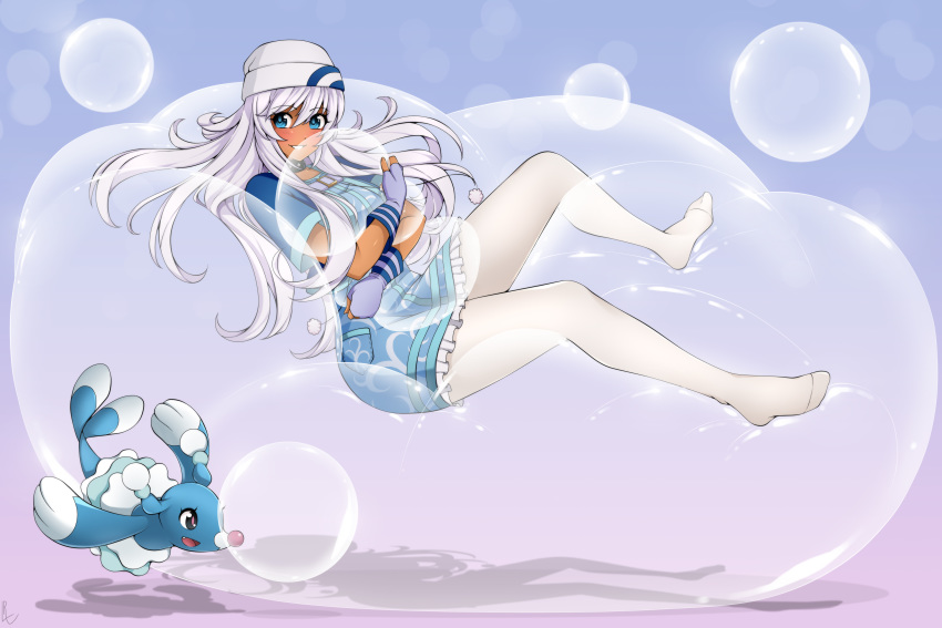 1girl absurdres bangs beanie blue_eyes blush brionne bubble bubble_blowing choker creatures_(company) dress eyebrows_visible_through_hair game_freak gen_7_pokemon gloves hair_between_eyes hat highres hugging long_hair looking_at_viewer nintendo no_shoes pink_hair pokemon sitting smile white_legwear