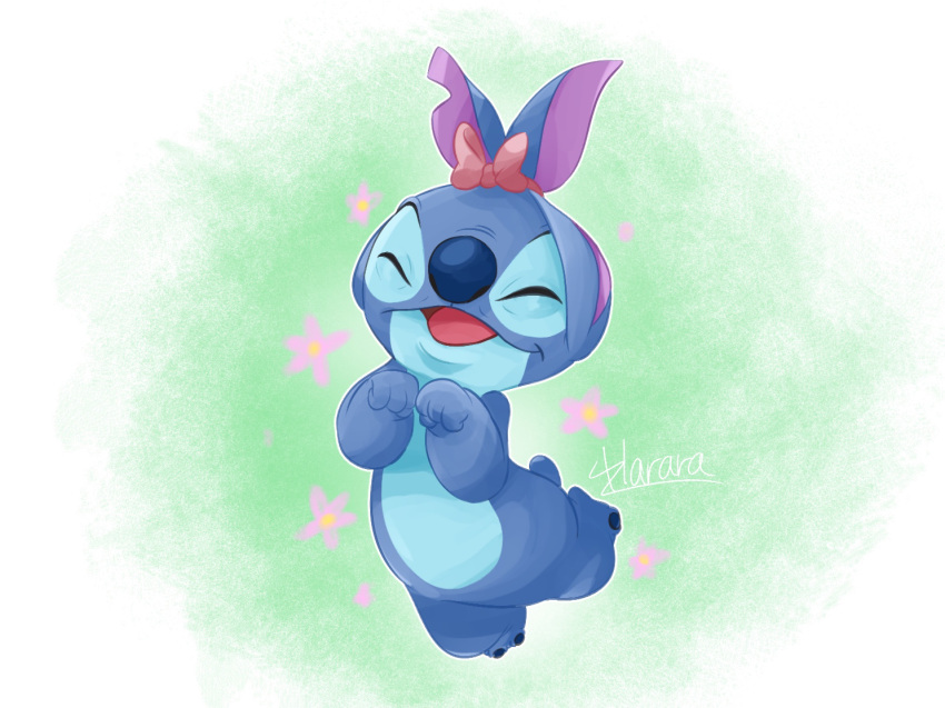 2019 alien blue_body blue_nose disney easter experiment_(species) eyes_closed flower harara holidays lilo_and_stitch notched_ear open_mouth open_smile outline plant signature simple_background small_tail smile solo stitch tied_ears