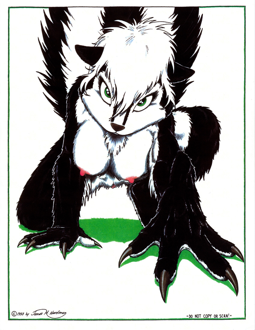 1997 absurd_res anthro black_fur black_nose breasts claws female fur green_eyes hair hi_res james_m_hardiman lori_(jmh) mammal mephitid nipples nude pussy simple_background skunk solo white_background white_fur white_hair
