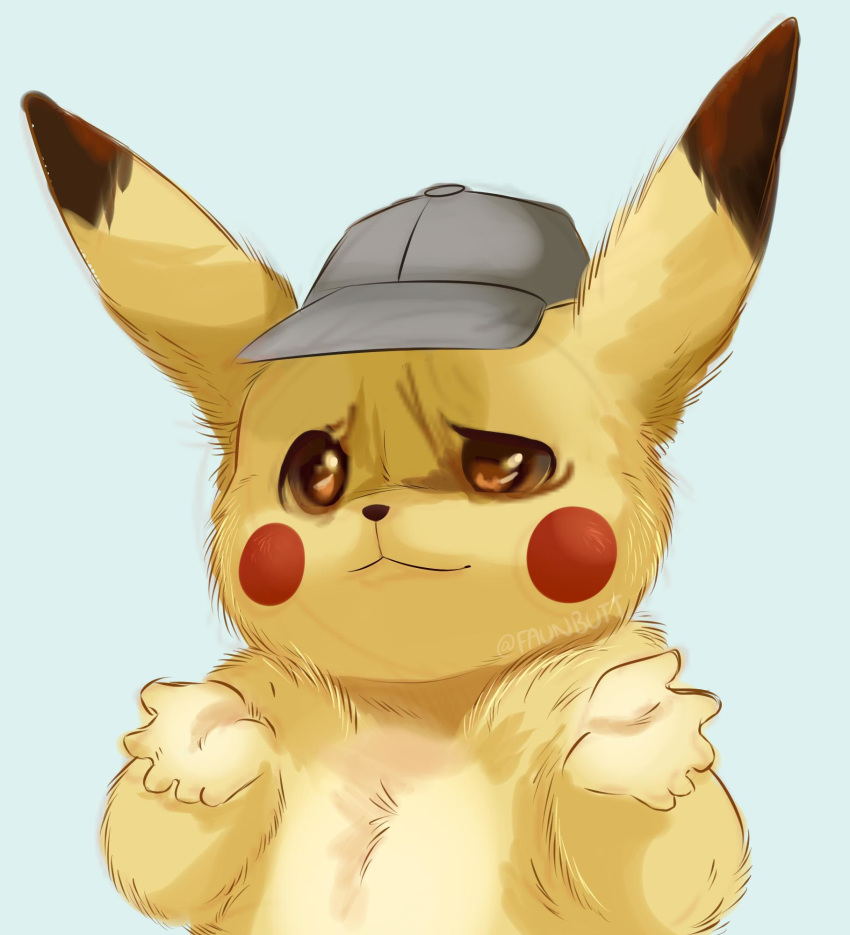 2019 5_fingers brown_eyes clothing deerstalker_hat detective_pikachu dipstick_ears feve fur hat hat_only headgear headwear hi_res mostly_nude multicolored_ears nintendo pikachu pok&eacute;mon pok&eacute;mon_(species) pok&eacute;mon_detective_pikachu red_cheeks shrug simple_background solo video_games yellow_fur