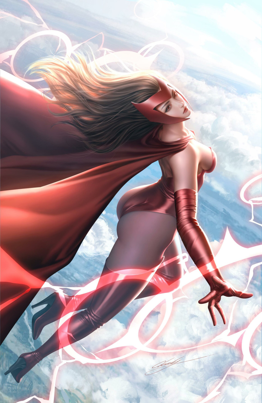 1girl absurdres artist_name ass avengers back backless_leotard boots breasts brown_hair cloak closed_mouth cloud cloud.d cloudy_sky elbow_gloves floating_hair flying from_above full_body gloves high_heel_boots high_heels highleg highleg_leotard highres large_breasts leotard lips long_hair looking_at_viewer looking_up marvel red_eyes scarlet_witch sky solo thigh_boots thighhighs x-men