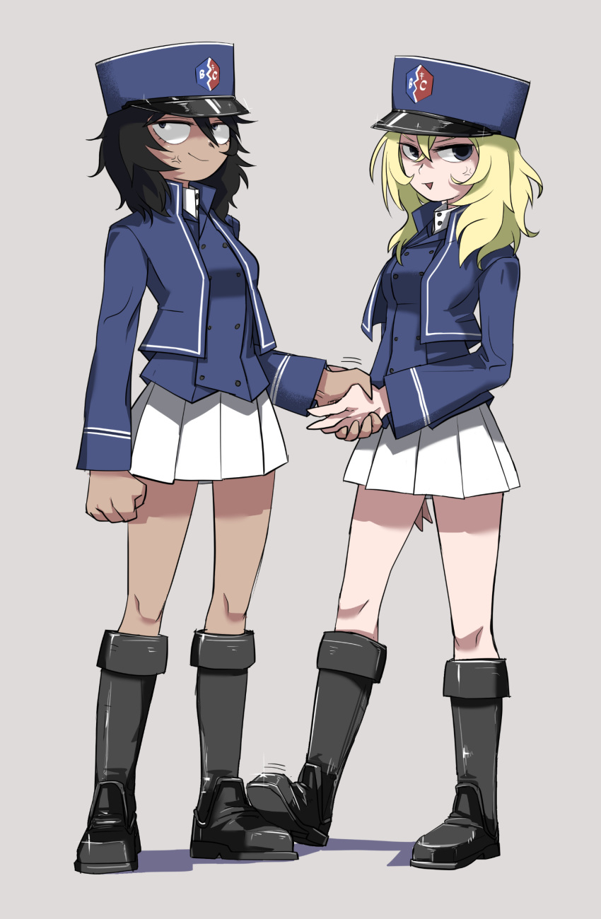 2girls andou_(girls_und_panzer) anger_vein bc_freedom_(emblem) bc_freedom_military_uniform black_hair blonde_hair boots chillarism dark_skin emblem full_body girls_und_panzer handshake hat highres knee_boots long_hair multiple_girls oshida_(girls_und_panzer) shaded_face shako_cap simple_background stepped_on